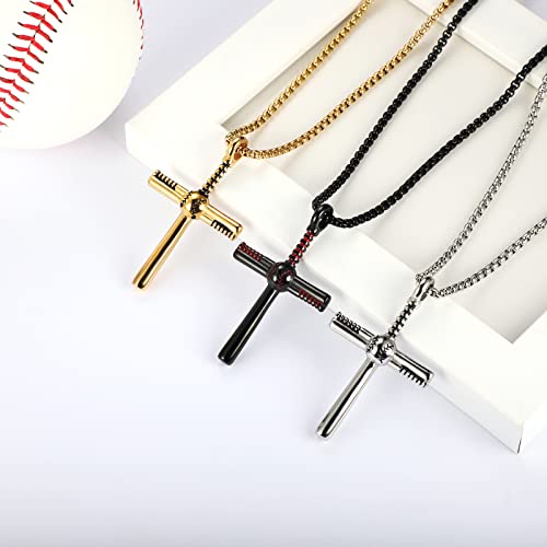 Hattidoris Baseball Corss Necklace For Boys Personalized Baseball Bat Charm Pendant Stainless Steel Chain 22Inch Baseball Jewelry Gift For Men(D-Black) #TOP2