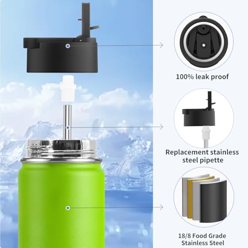 Image of koodee 22 oz Water Bottle Stainless Steel Double Wall Vacuum Insulated Sports Water Bottle with 3 Lids, Reusable Metal Water Flask with Straw for women and Girls, BPA Free(Apple Green)