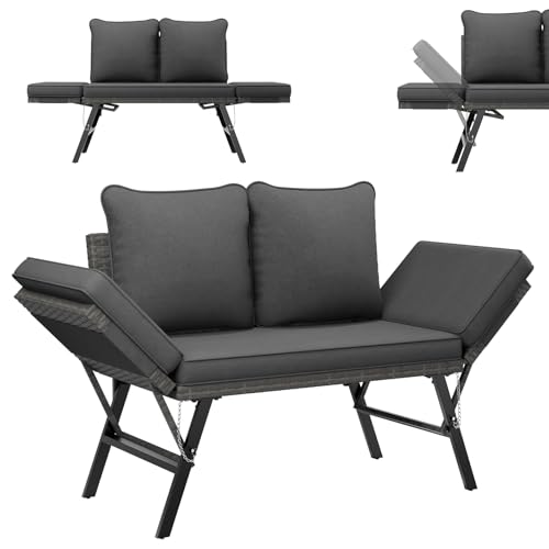 UDPATIO Polyrattan Gartenbank Wetterfest mit Liegefunktion Balkonsofa 3 in 1 Verstellfunktion mit Extra Dicke Sitzpolstern & Kissen für Garten, Balkon,Terrasse - Grau-meliert & Grau Bezüge