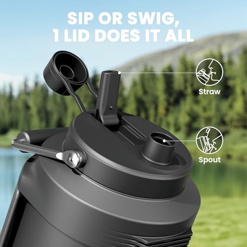 Image of 1 Gallon Insulated Water Bottle for Sports: Meoky 128 oz Triple Wall Vacuum Stainless Steel Water Jug - Top and Side Handles, Cold for 48 Hrs, 2-in-1 Straw and Spout Lid, Leak Proof for Hiking (Night)