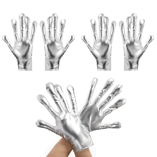 Maiteenly 3 Pairs Shiny Metallic Gloves Halloween Alien Gloves Space Cosplay Costume Accessory Halloween Party Adult (Silver)