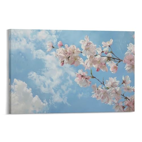 絵画 青い空と白い雲の下で梨の花が咲きましたインテリア 絵画 魅力的な花 油絵イラストアートアートパネル 壁の絵 ポスター 壁掛け ソファの背景絵画 玄関 壁飾り 絵画 木枠付きの完成品 60x90cm