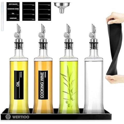 WERTIOO Oil Dispenser for Kitchen,4Pack Oil Bottles for Kitchen,17oz Cooking Oil Dispenser Bottle,Oil and Vinegar Bottle Set with Shelf,Vegetable Oil Dispenser with Pourers & Funnel & Pen and Labels Cover