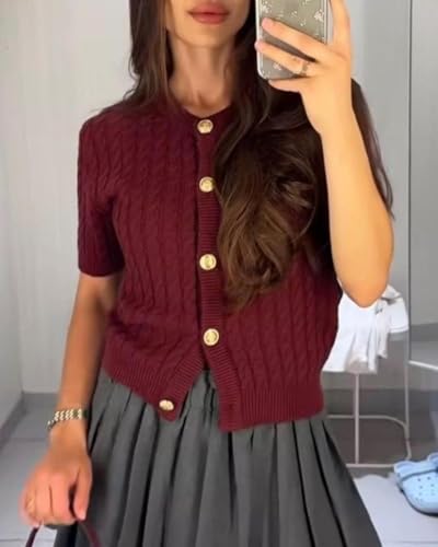 Women Cable Knit Short Sleeved Sweater Cardigan Casual Button Up Soft Solid Sweater Shirt2