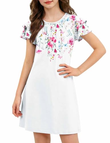 Arshiner Vestidos de Verano para niña, Plisados, Mangas onduladas, Estampados, Elegantes, para Fiestas, Informales, de Manga Corta, Corte A, Blancos, para niñas de Las Flores, Talla 140, 9 10 años