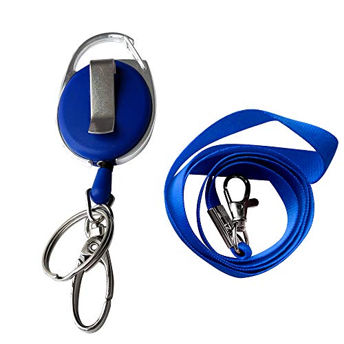 2 Lanyards + 2 Retractable Badge Reel With Clip And Key Ring For Id Card Holders (Blue) #TOP3