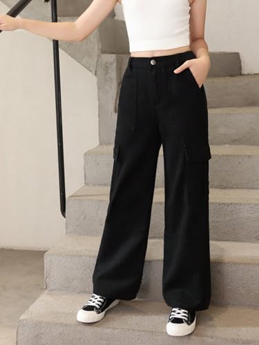 Floerns Girl's Flap Pocket Side Denim Jeans Straight Leg Loose Fit Cargo Pants4