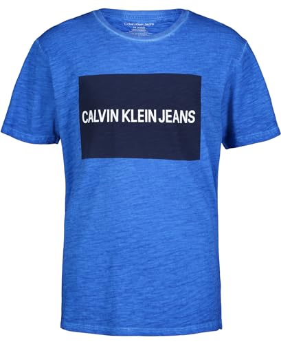 Calvin Klein Boys' Short Sleeve Graphic Crew Neck T-Shirt, Comfortable, Relaxed Fit, Washed Prince Blue, 8