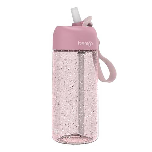 Bentgo Kids Water Bottle - Leak-Proof Durable Tritan PFAS- & BPA-Free 15 fl oz Kids/Toddlers Ages 3+ for School & Sports; Bite & Sip Spout Carrying Handle Dishwasher Safe (Petal Pink - Glitter)