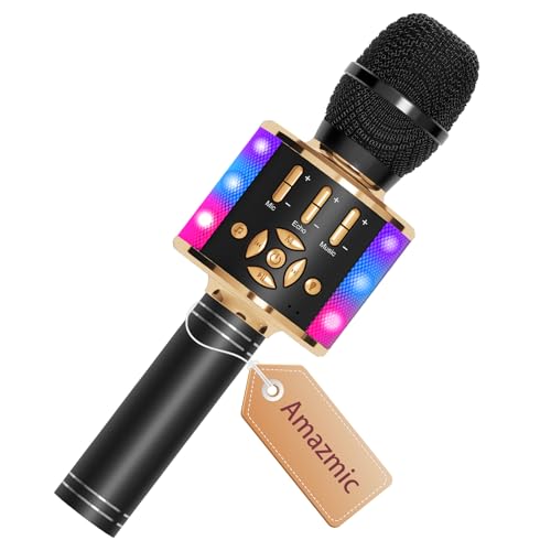 Image of Amazmic Kids Karaoke Microphone Machine Toy Bluetooth Microphone Portable Wireless Karaoke Machine Handheld with LED Lights, Gift for Children Adults Birthday Party, Home KTV(Black Gold)