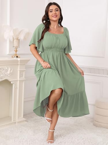 Image of CICIDUDU Plus Size Smocked Maxi Dresses for Curvy Women Square Neck Flowy Casual Summer Wedding Guest Dress