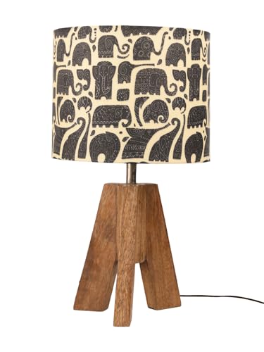 Image of Green Girgit Decorative Tri-Leg Stand Wooden Table Lamp with Black Elephant Multicolor Shade | Bedside & Reading Night Lamp for Bedroom, Living Room & Home Decor | Warm Ambient Light | 34.3 x 19.1 cm
