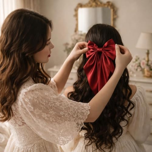 Image of 2 Pack Red & Pink Satin Hair Bow Clips for Women, Cute Hair Accessories for Girls, Hair Bow Clips for Women and Girls, Luxury Silky Satin, Hair Clip - Hair Bows for Women, Bow Hair Clips