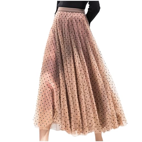 Womens Midi Tulle Skirt Elastic High Waist A-Line Swing Skirts Fashion Polka Dot Print Layered Pleated Mesh Flowy Skirt