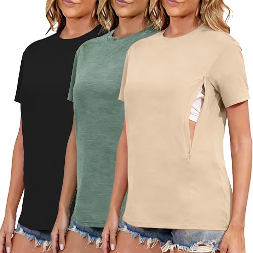 Conjunto de 3 t-shirts de amamentação para mulher com fecho de correr oculto, abertura de amamentação, t-shirt curta para grávidas, Preto/verde Heather/amarelo, Pequeno