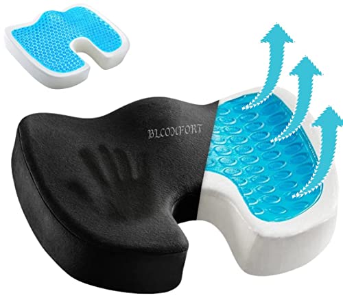 BLCOMFORT Cojín de asiento para silla de escritorio, almohada con infusión de gel, coxis, ciática, soporte lumbar, espalda baja, coxis y hemorroides, funda lavable, ideal para el trabajo, conducción,
