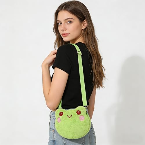 Image of Bycobecy Kawaii Frog Plush Purse Crssobody Bag for Women, Small Cute Frog Bags Fluffy Purse, Stuffed Animal Bag Novelty Purse (Green)