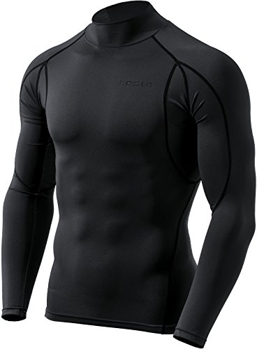 TSLA Men's UPF 50+ Long Sleeve Rash Guard, UV/SPF Quick Dry Swim Shirt, Water Surf Swimming Shirts, Athletic Mockneck Black, Medium