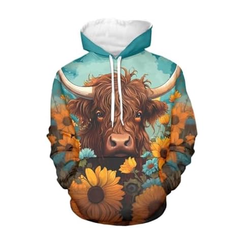 WELLFLYHOM Highland Cow Hoodies for Women Graphic Sweatshirt Oversize Y2K Drawstring Hoodie Plus Size 3XL Fall Sunflower Clothes Long Sleeve Sweater Shirt Athletic Fall Outfits Sportswear Cover