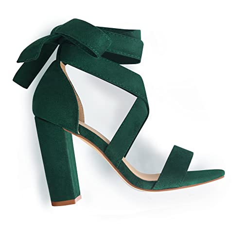 Strappy Heels for Women Chunky Heels High Heeled Sandals with Lace Up Fahsion Casual Nude Block Heel Sandals,Ellery-EMERALD GREEN-8