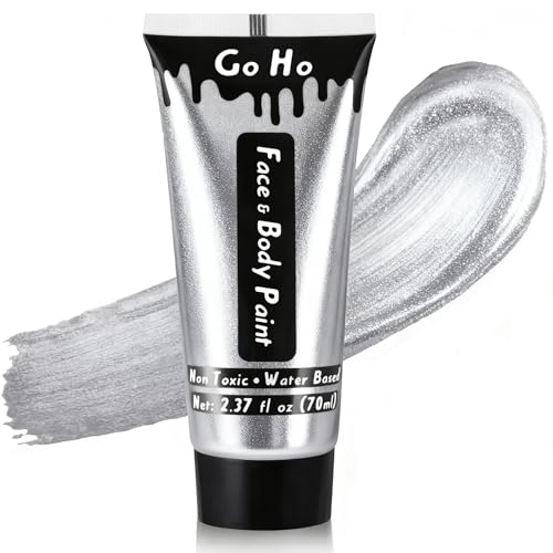 Go Ho Metallic Silver Body Paint Washable(2.37oz/pc) Water Based Cream Silver Face Body Paint Full Professional Face Paint for Halloween Costumes Festivals Cosplay SFX Makeup
