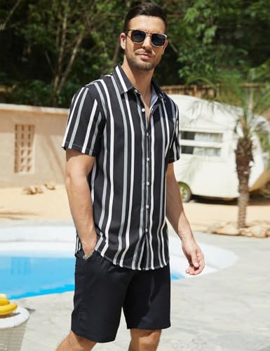 Image of Yimoon Men's Summer 2 Piece Outfits Tropical Print Short Sleeve Button Down Hawaiian Beach Shirt and Shorts Set