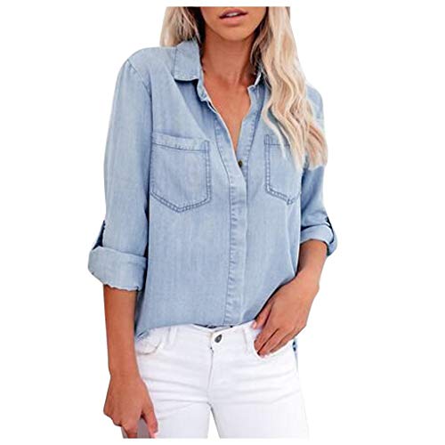 Womens Summer Denim Shirt with Back Split Casual Long Sleeve Turn Down Collar Jean Blouse Tops with Pockets Blue