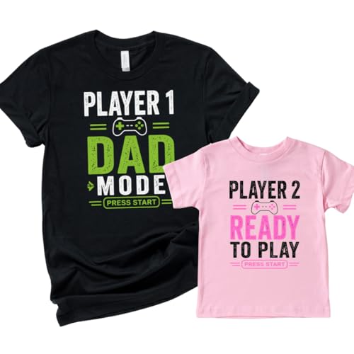 Shake and Shine Shop Mens Dad Shirt Gamer Player 1 Dad Mode Father Daughter Matching Outfit Fathers Day Birthday Gift for New Dad Black
