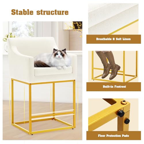 Image of WorthFurni 26 inch Counter Height Bar Stools Set of 2, Modern Counter Stools with Back, Linen Upholstered Barrel Barstools with Gold Metal Frames for Kitchen Island, Home Bar