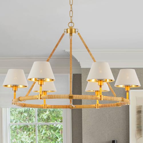MhyTogn 33” Hand Woven Rattan Boho Pendant Light with White Fabric Shade 6-Lights Wagon Wheel Chandelier for Dining Living Room Bedroom Kitchen, UL Listed