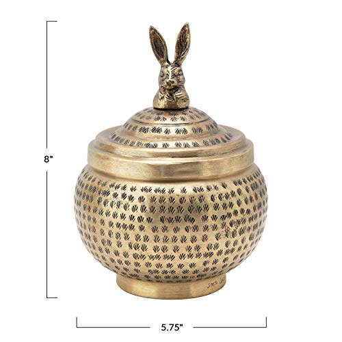 Creative Co-Op Hammered Metal Container With Rabbit Finial, Brass Finish Storage Box #TOP1
