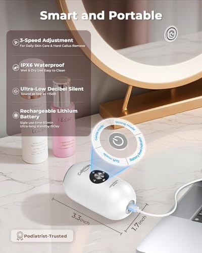Image of Callus Remover for Feet Electronic, Rechargeable Foot Scrubber for Dead Skin Cracked Heels, 2 Stainless Steel Heads with 3 Speeds, IPX6 Waterproof Pedicure Calluses Machine