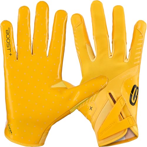 Grip Boost Football Gloves - Solid Stealth 6.0 Boost Plus Sticky Technology - Adult and Youth Football Gloves for Wide Receiver - Mens and Boys Sizes (Solid Yellow Large)