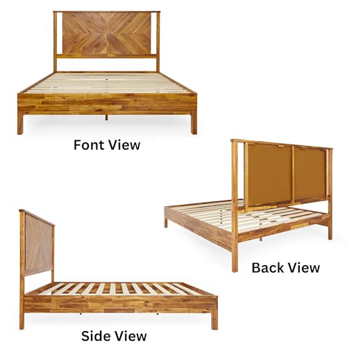 Image of Bme Vivian 14 Inch Deluxe Bed Frame with Headboard, Rustic & Scandinavian Style with Solid Acacia Wood, No Box Spring Needed, 12 Strong Wood Slat Support, Easy Assembly, Queen, Rustic Golden Brown
