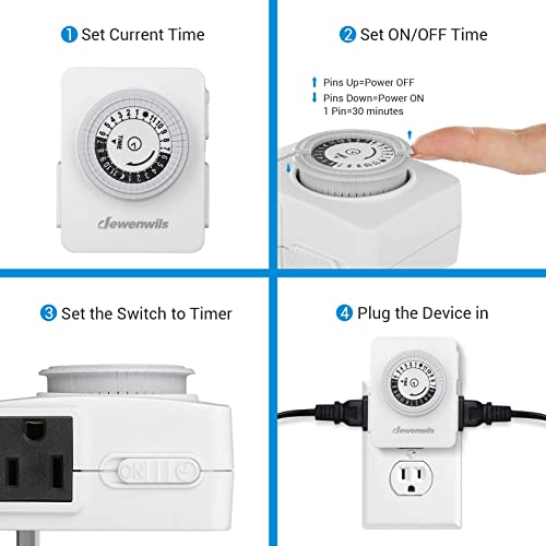 Dewenwils 24-Hour Indoor Mechanical Outlet Timer, Timers For Electrical Outlets With 2 Grounded Outlet, Daily On/Off Cycle, Programmable Plug In Timer For Lamp, Aquarium,Grow Light, 2 Pack, Etl Listed #TOP2