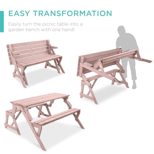 Image of Best Choice Products 2-in-1 Transforming Interchangeable Outdoor Wooden Picnic Table Garden Bench for Backyard, Porch, Patio, Deck w /Umbrella Hole - Pink