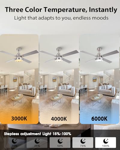 Image of 52 Inch Ceiling Fans with Lights and Remote, Modern Ceiling Fans Nickel, 3CCT Dimmable, Timer, Reversible Motor, Indoor & Outdoor Silver Ceiling Fan for Bedroom Living Room Patio - Upgraded