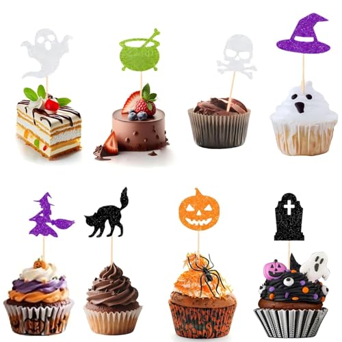 24Pcs Glitter Halloween Cupcake Toppers Decoration Ghost Halloween Themed Pumpkin Spider Ghost Cup Cake Toppers alloweens Cake Decoration for Halloweens Party