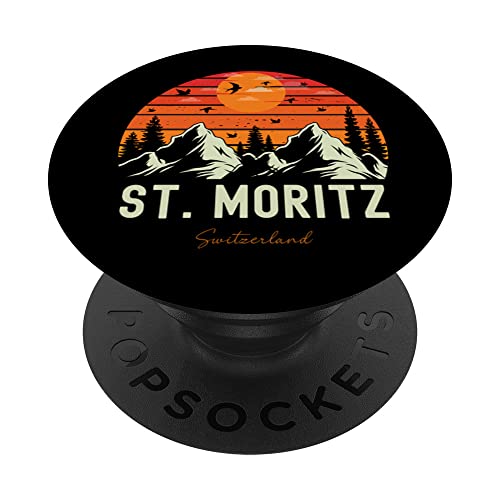 Retro St. Moritz Switzerland PopSockets Swappable PopGrip, Black