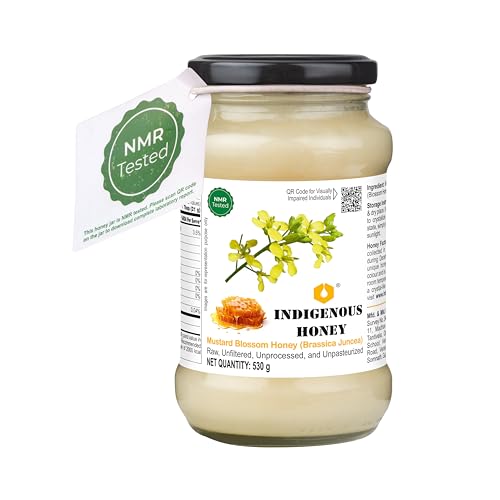 Image of INDIGENOUS HONEY Crystallized Mustard Sarso Honey Raw Natural Pure Unprocessed NMR Tested Unpasteurized Unheated 530g Glass Jar Pack of 1