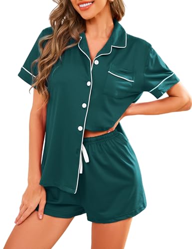 Image of Pajama Set for Women 2 Piece Sleepwear Short Sleeve Button Down Pj | Cotton Loungewear Shorts Set,Sexy Classic Notch Collar Sleep Wear,Lounge Set for Sleeping,Wedding Bridal,Pajama Party