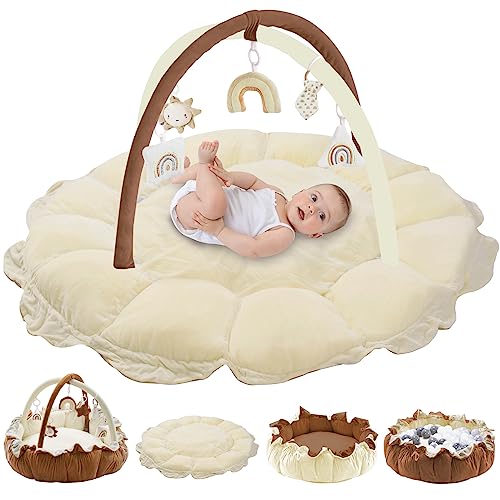 Image of 5-in-1 Thick Baby Gym & Ball Pit, Plush Play Gym, Tummy Time Mat, Convertible Stage-Based Developmental Activity Gym & Play Mat from Baby to Toddler, Pet Cushion, Balls are not Included Khaki