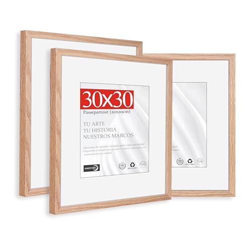 HIMEETIME® 3x Marco de Fotos - 30x30 cm Madera de Roble | Passepartout 20x20cm - Marco 30x30cm Cuadrado Mediano con Lámina de Plástico - Montaje en Pared