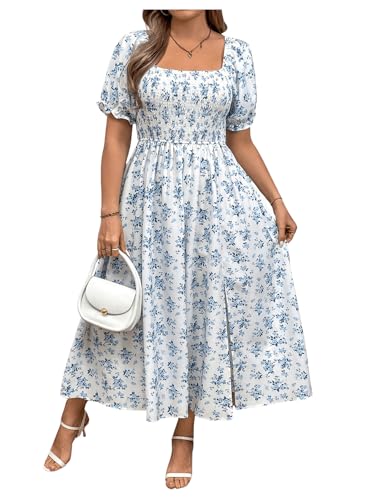 Verdusa Women's Plus Size Boho Floral Long Dress Square Neck Shirred Flowy Wedding Guest Dresses Blue and White XX-Large Plus