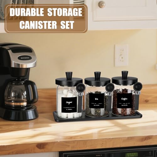 Image of Suclain 3 Pcs Glass Coffee Container Set, 20 oz, Black Bamboo