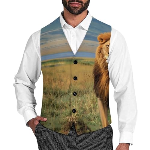 African Lion at Lake in National Park Men's Suit Vest Waistcoat Vests Formal Dress with 2 Pockets for Business Casual Tuxedo