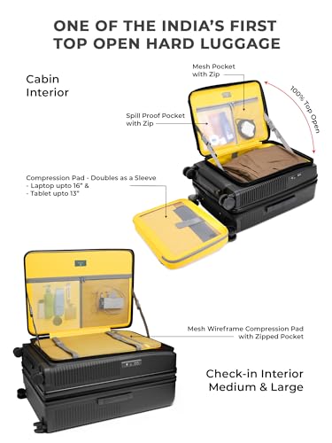 Image of EUME Aerotop Cabin, Checkin Medium & Large Trolley Bag Set of 3 | Space Saving Top Open Suitcase | Expandable Hard Polycarbonate Luggage | TSA Lock, Anti Theft Zipper, Silent Wheels | Charcoal Black