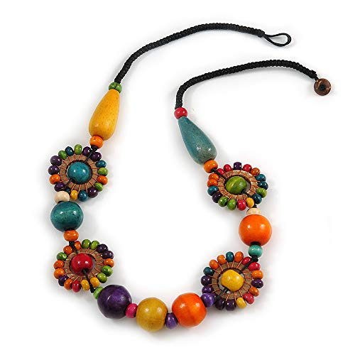 Avalaya Collana in corda nera con perline di legno multicolore, lunghezza 60 cm