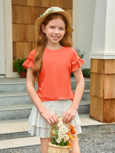Image of Haloumoning Girls Ruffle Short Sleeve T Shirts Crewneck Tops 5-14 Years | Summer, Cute Tees Blouse, Casual, Solid Color, Loose Fit