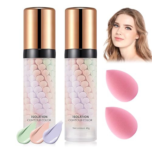 2PCS Color Correcting Facial Serum,3 Colors Tinted Facial Serum and Makeup Sponge,One Step Color Corrector Face Primer,Natural Makeup Isolation Cream,Oil Control Moisturizing Makeup Primer for Face